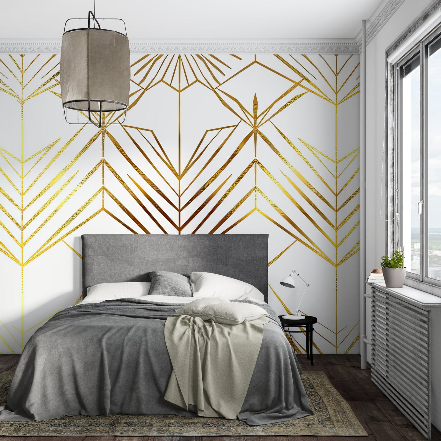 Papier Peint Art Déco Motif Géométrique Doré sur Fond Blanc Premium