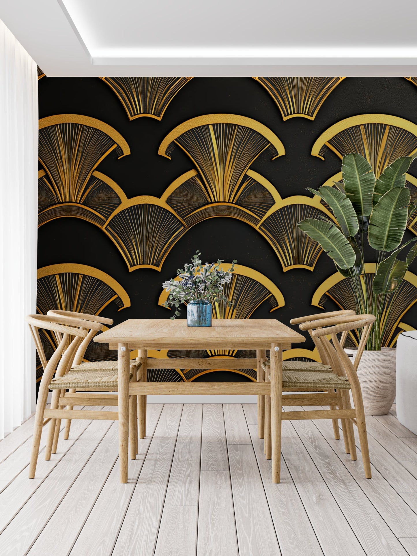 Papier Peint Art Déco Motif Éventail Noir et Doré Premium