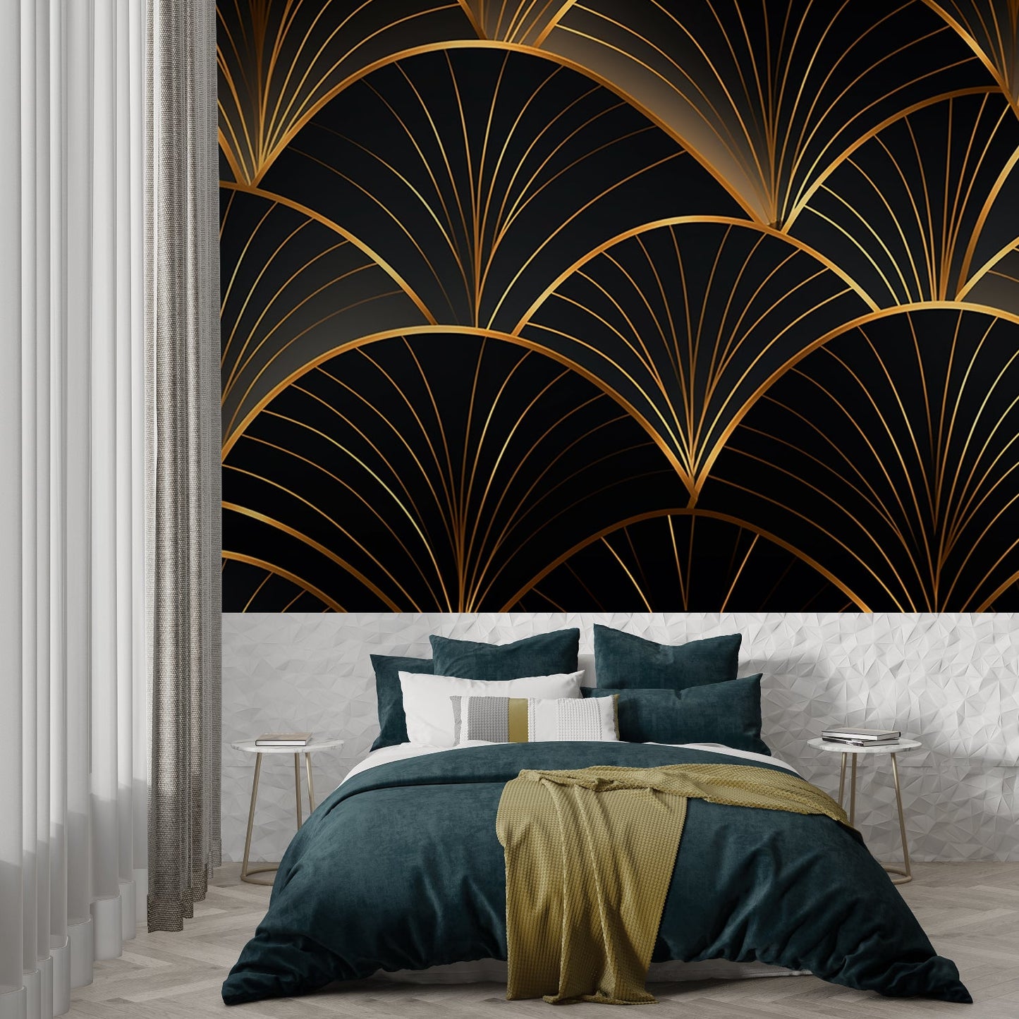 Papier Peint Art Déco Motif Éventail Noir et Doré Premium