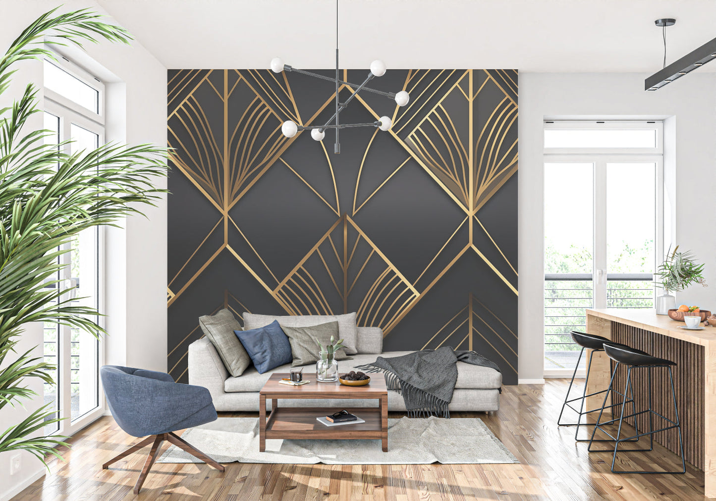 Papier Peint Art Déco Motif Géométrique Noir et Doré Premium