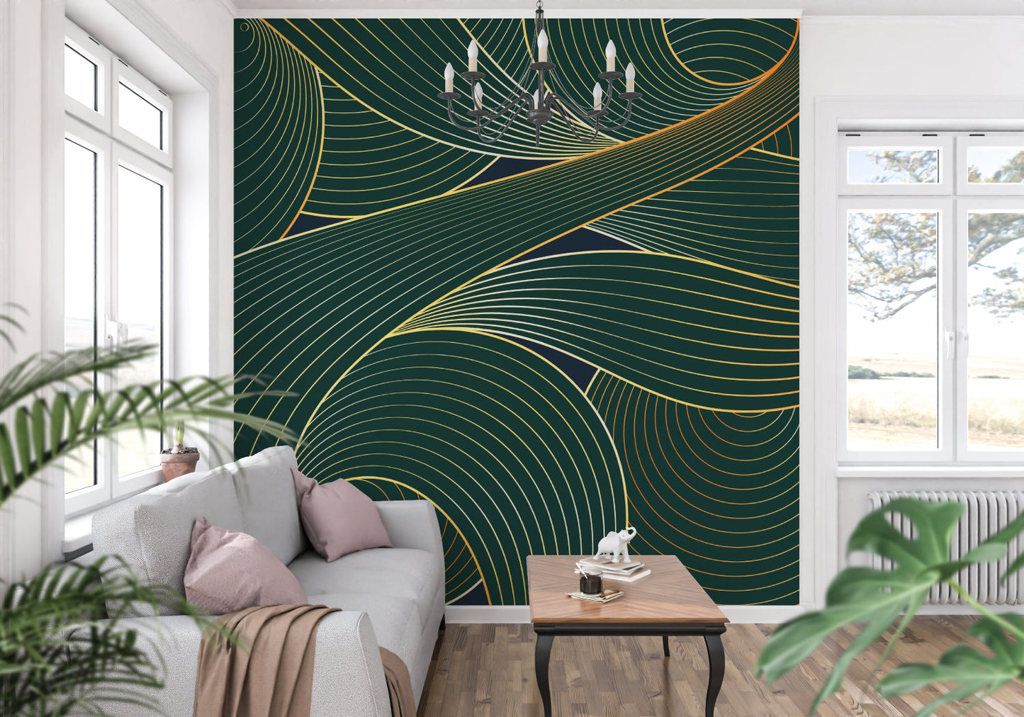 Papier Peint Art Déco Motif Vagues Émeraude et Or Premium