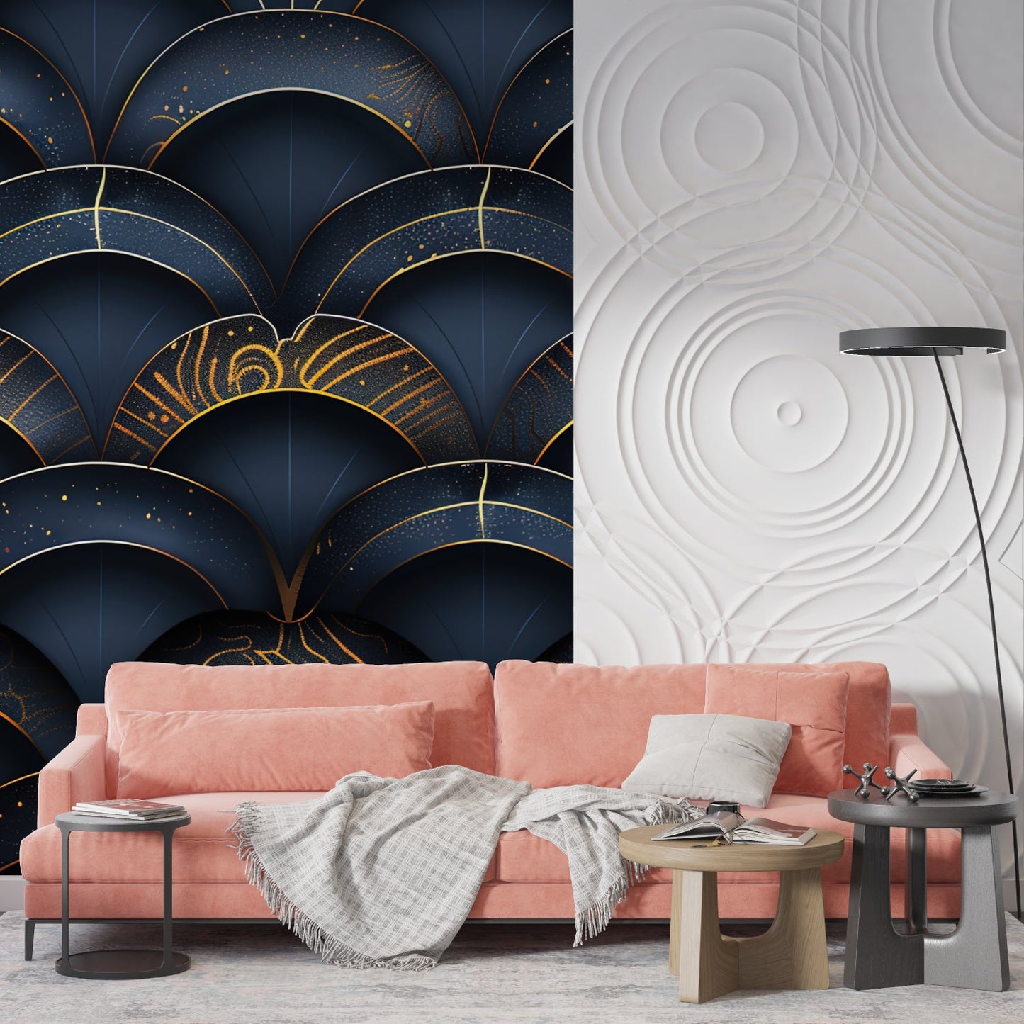 Papier Peint Art Déco Arches Géométriques Bleu Marine et Or Premium