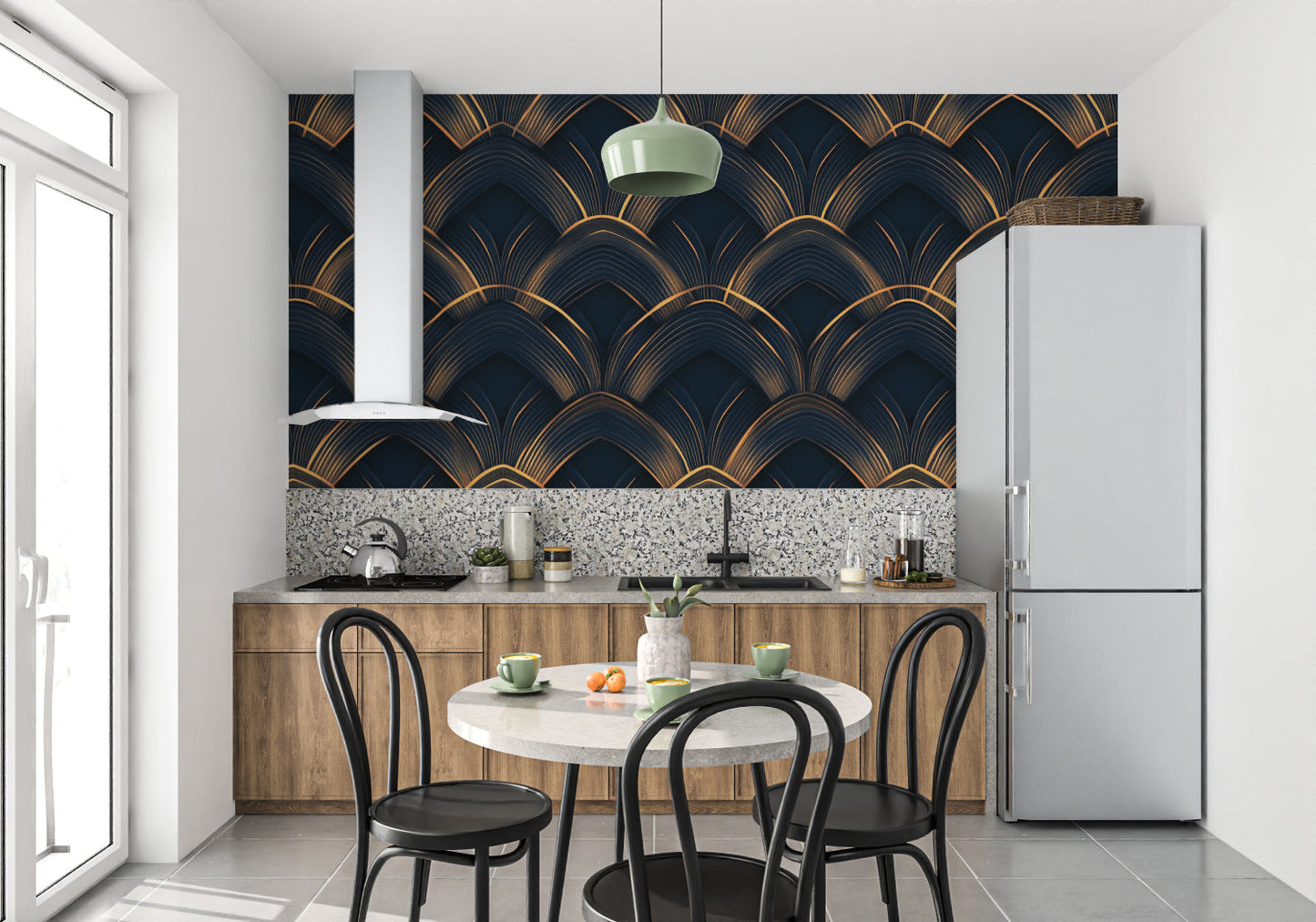 Papier Peint Art Déco Motif Éventail Géométrique Noir et Or Premium