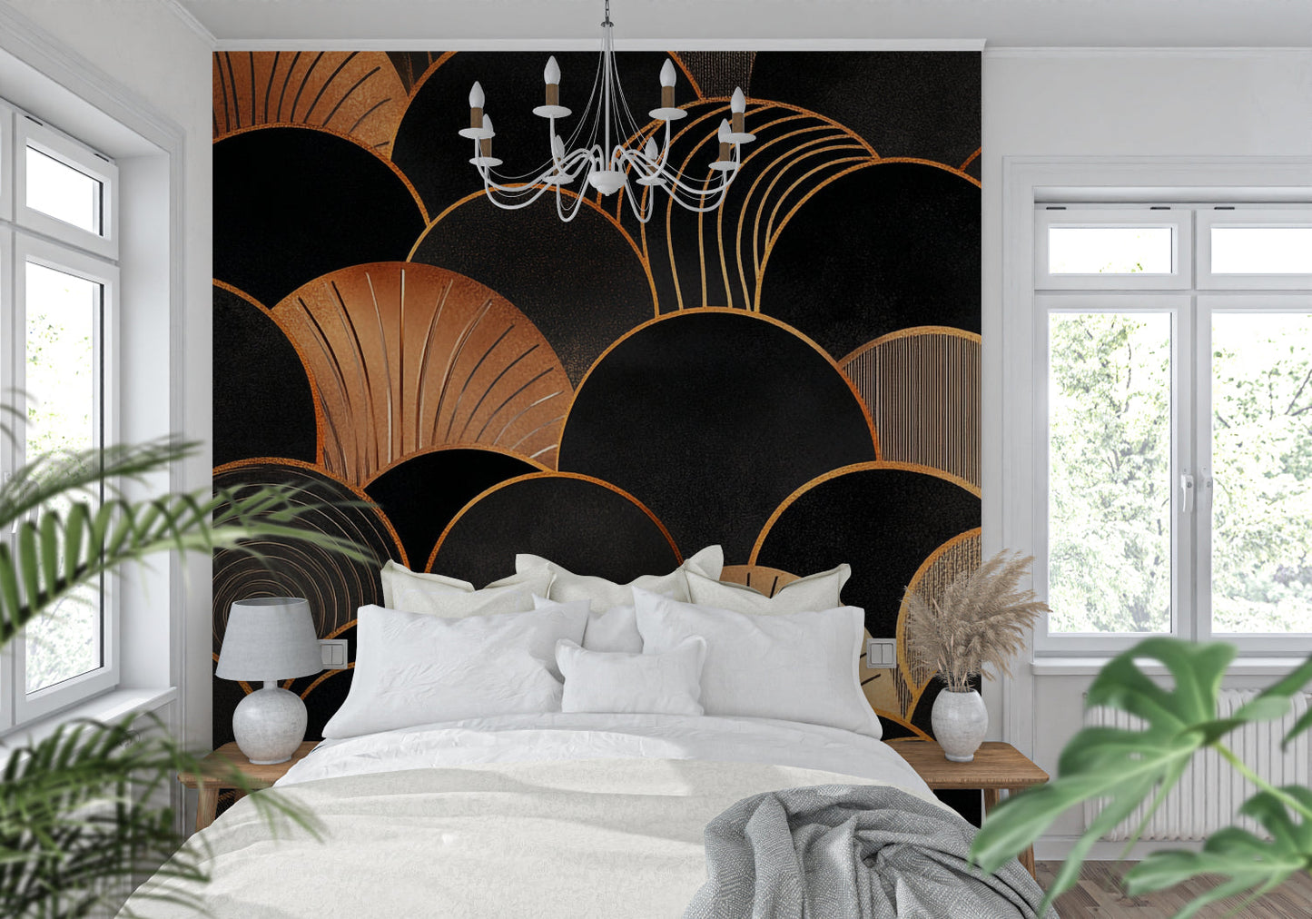 Papier Peint Art Déco Arches Géométriques Noir et Doré Premium