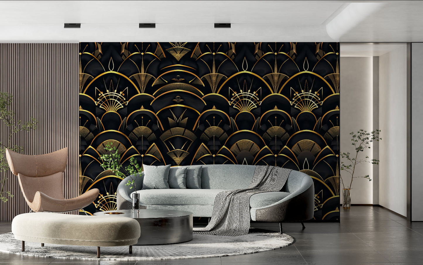 Papier Peint Art Déco Motif Géométrique Noir et Doré Premium