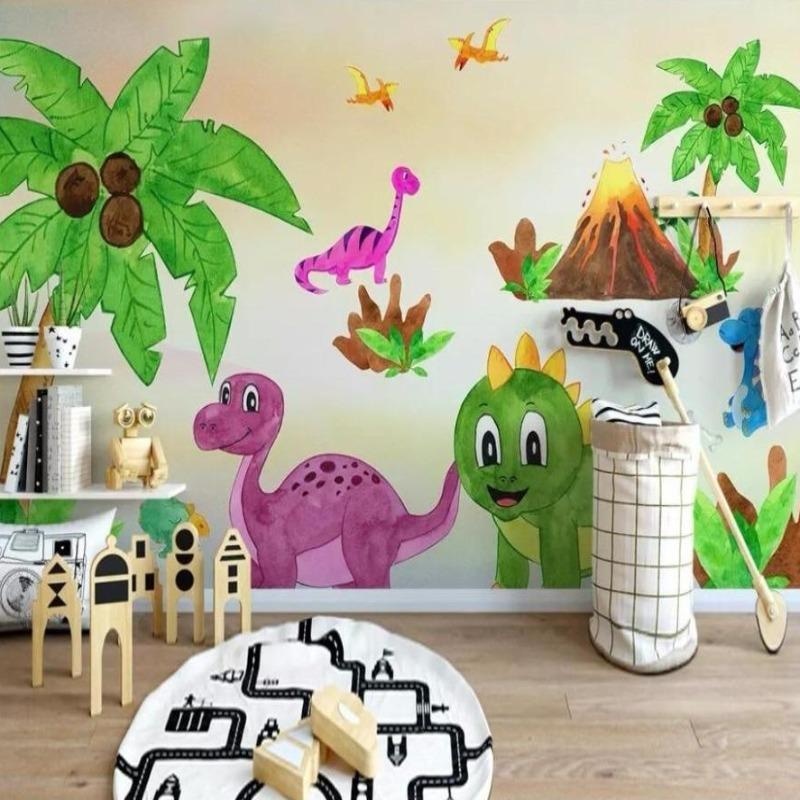 Papier Peint Dinosaure Monde Préhistorique Aquarelle et Palmiers Premium