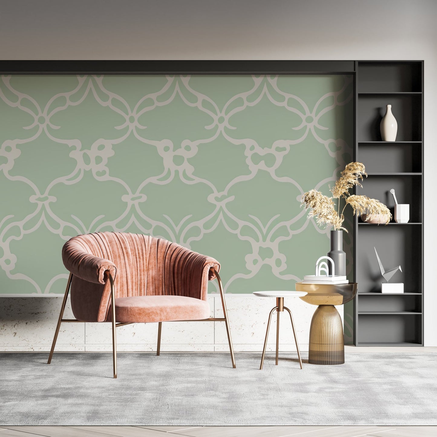 Papier Peint Art Déco Motif Géométrique Vert Sauge et Beige Premium