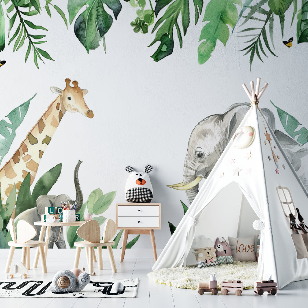 Papier Peint Safari Animaux de la Jungle et Feuillage Aquarelle Premium