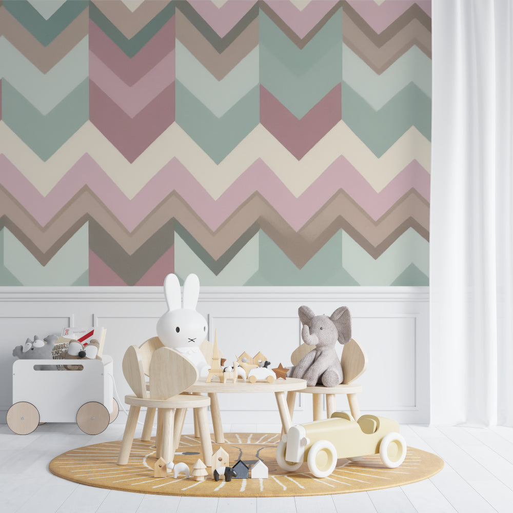 Papier Peint Géométrique Chevrons Pastel Rose et Vert Sauge Premium