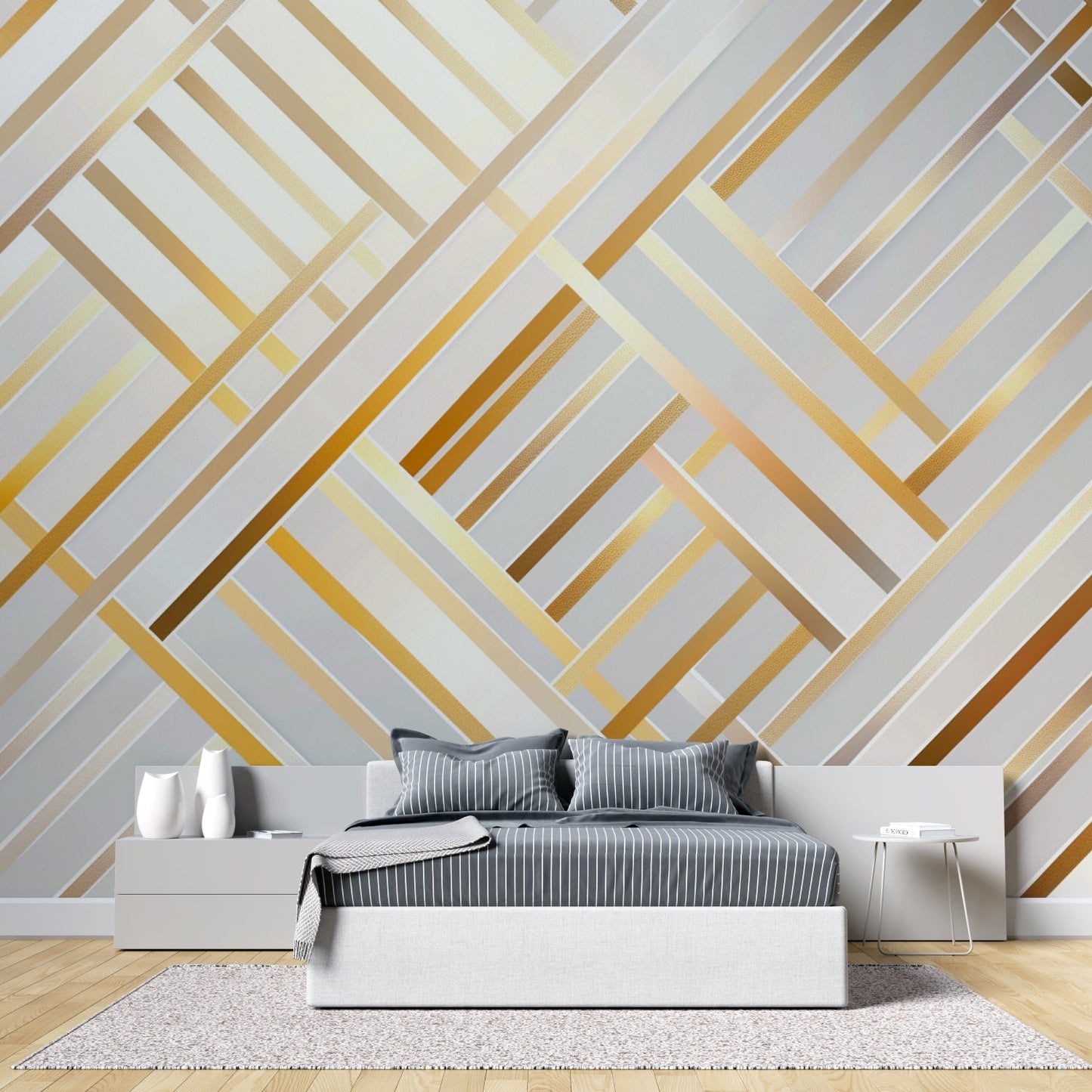 Papier Peint Géométrique Lignes Art Déco Blanc et Doré Premium