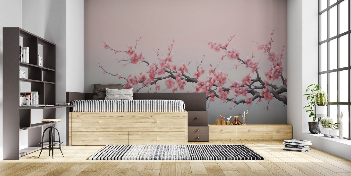 Papier Peint Cerisier Japonais Fleurs de Sakura sur Dégradé Gris Premium