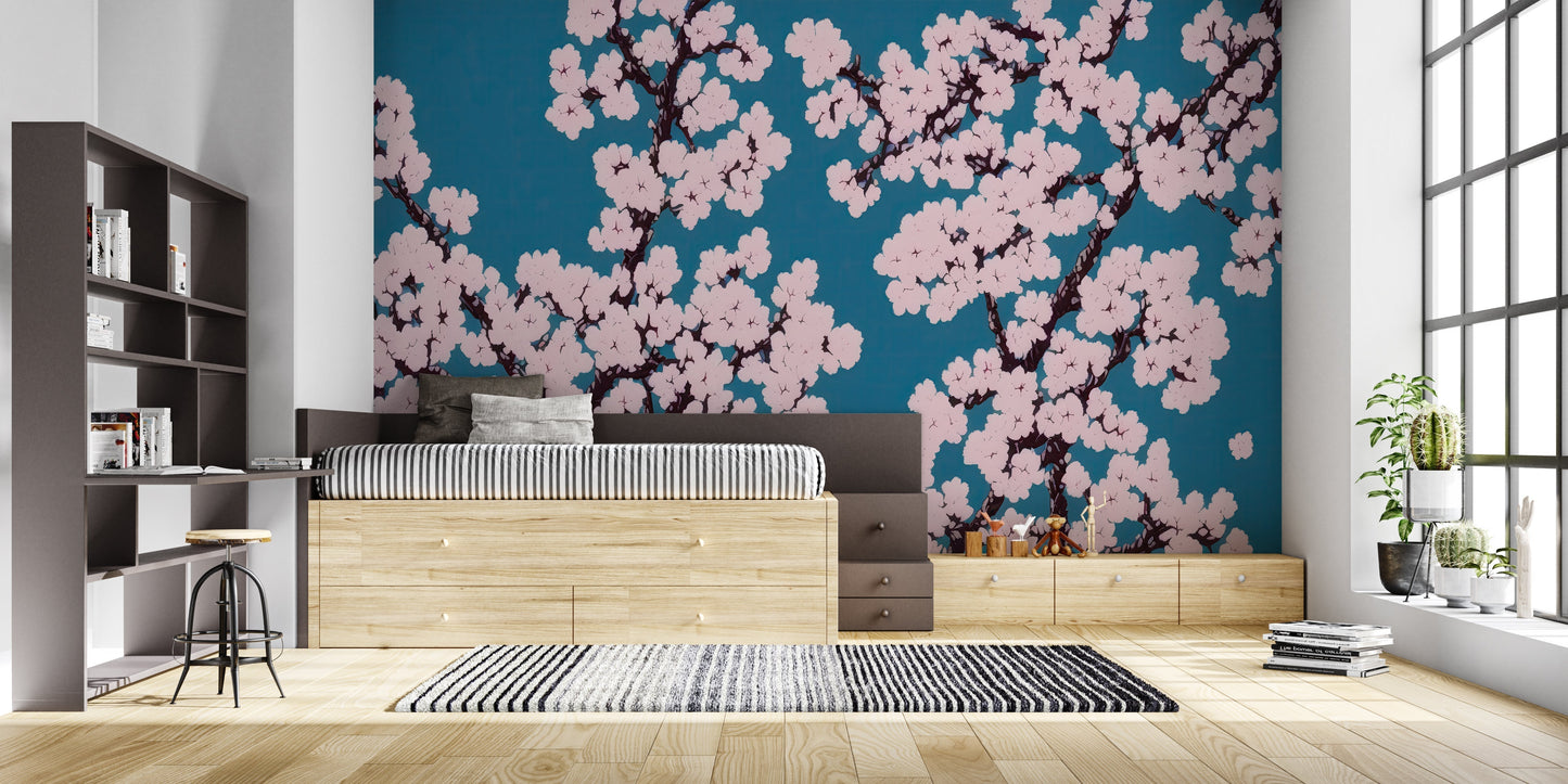 Papier Peint Japonais Fleurs de Cerisier sur Fond Bleu Canard Premium