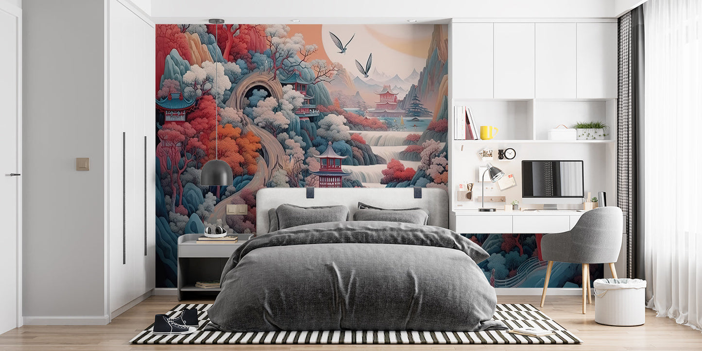 Papier Peint Japonais Paysage Traditionnel avec Pagodes et Cerisiers Premium