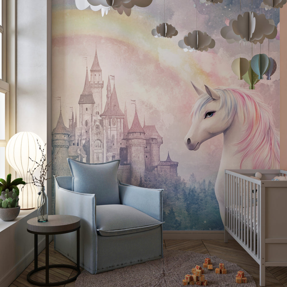 Papier Peint Licorne Château Magique avec Arcenciel Pastel Premium