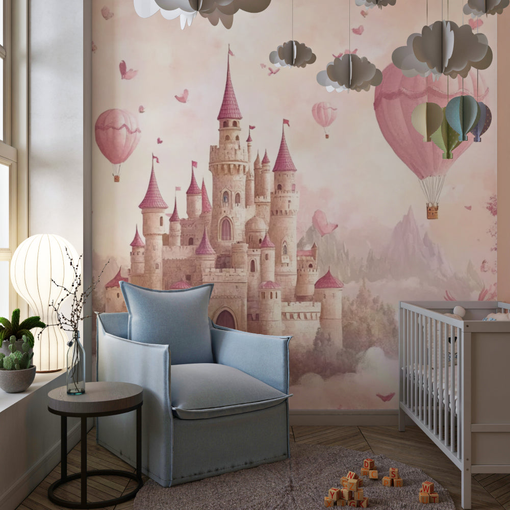 Papier Peint Château de Princesse Montgolfières Roses et Papillons Enchantés Premium