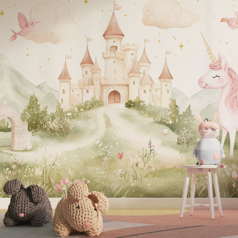 Papier Peint Château de Princesse Licorne et Oiseaux Style Aquarelle Premium