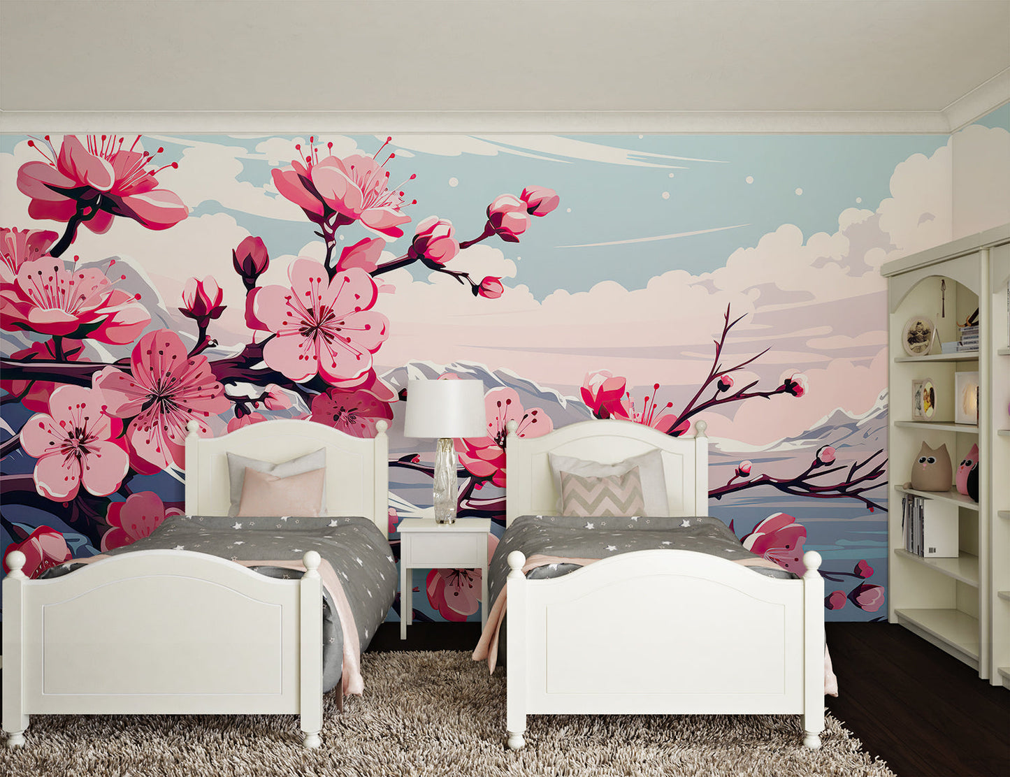 Papier Peint Japonais Fleurs de Cerisier et Montagnes Enneigées Premium