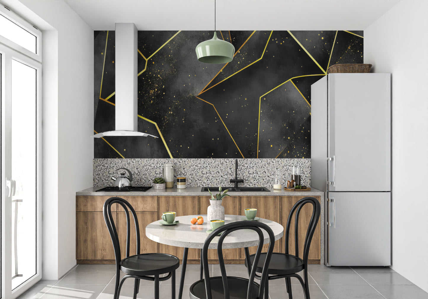 Papier Peint Géométrique Design Angulaire Noir et Doré Premium