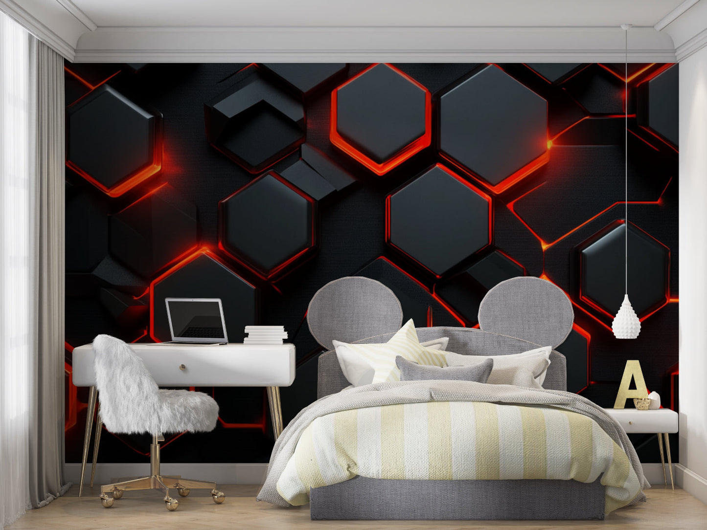 Papier Peint Géométrique Hexagones Noirs avec Contours Lumineux Rouge Premium