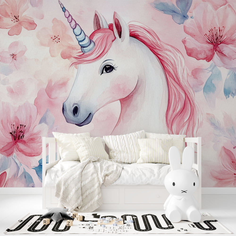 Papier Peint Licorne Aquarelle Florale Rose et Féérique Premium