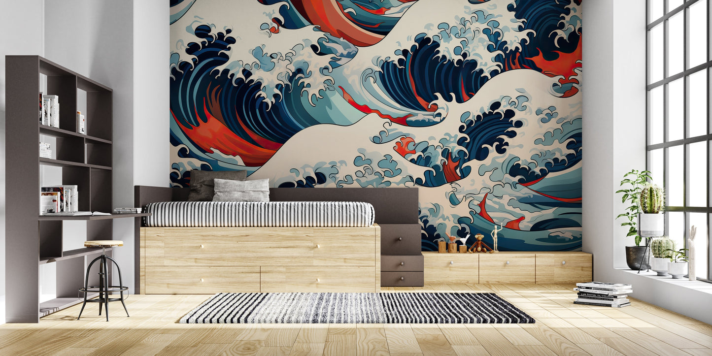 Papier Peint Japonais Vagues Dynamiques Bleu Marine et Rouge Premium