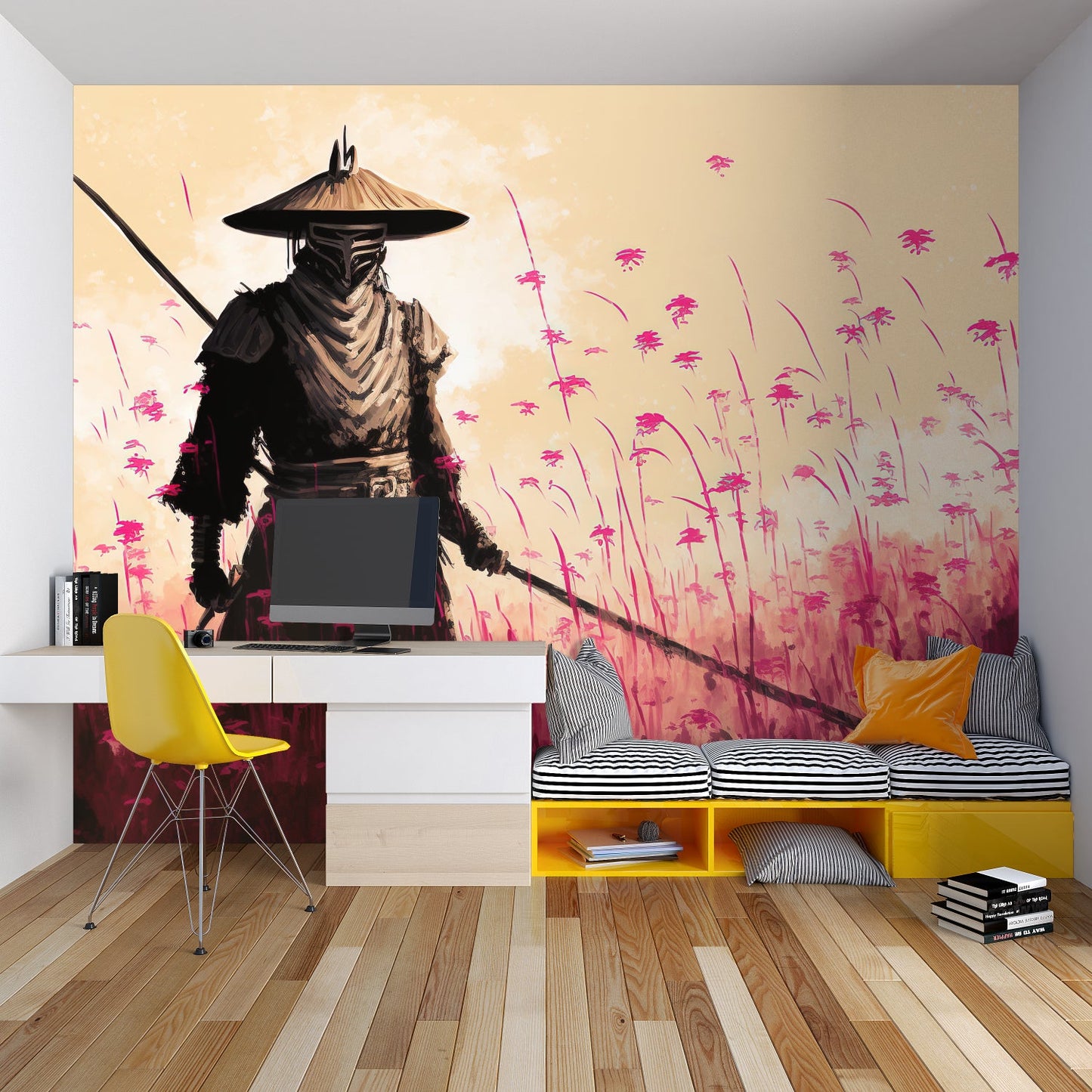 Papier Peint Japonais Samouraï dans un Champ de Fleurs Rose Premium