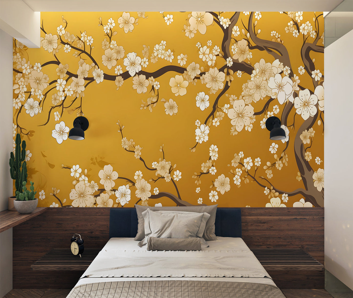 Papier Peint Japonais Fleurs de Cerisier sur Fond Doré Premium