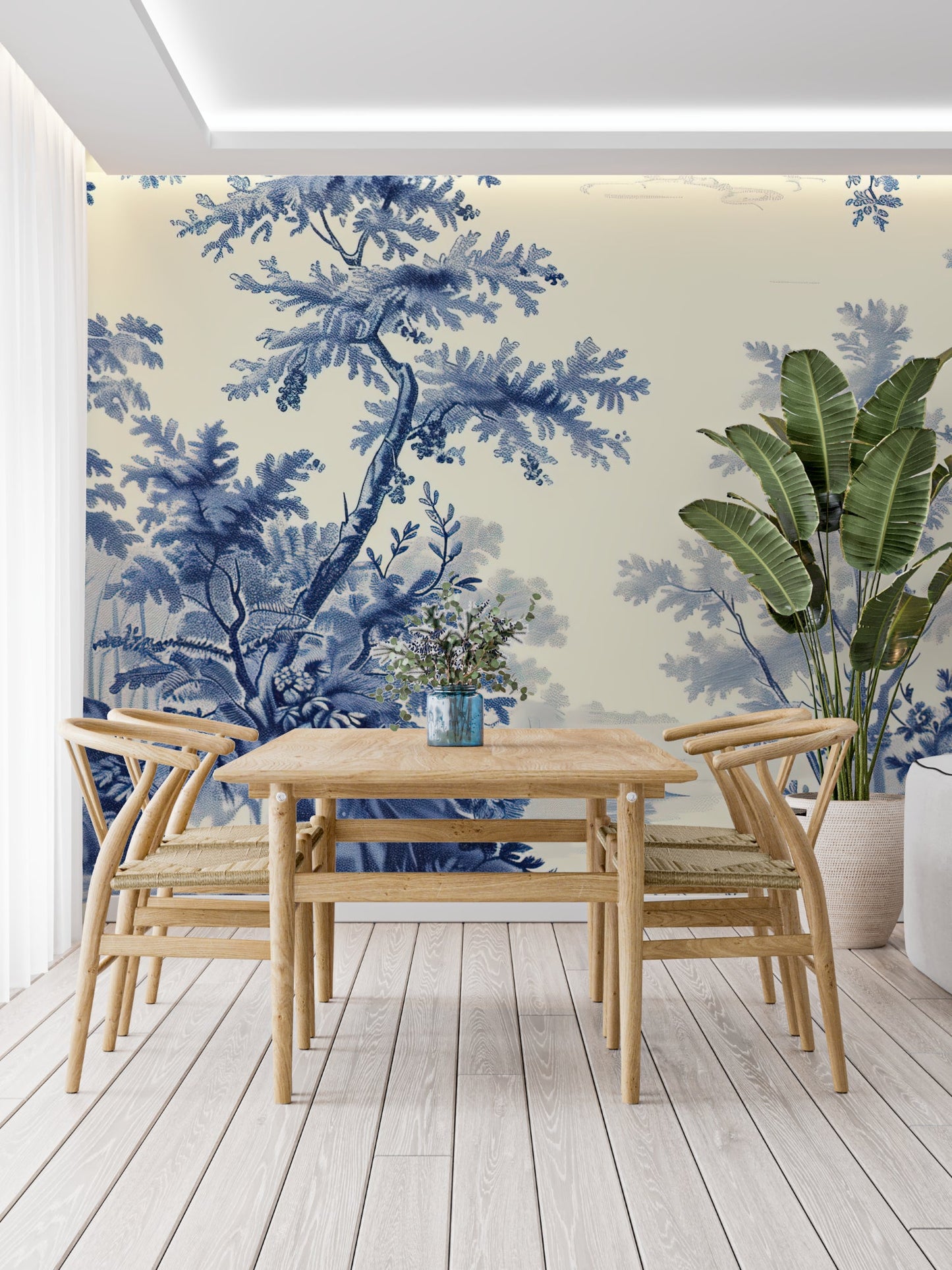 Papier Peint Toile de Jouy Arbre Délicat Bleu sur Fond Crème Premium