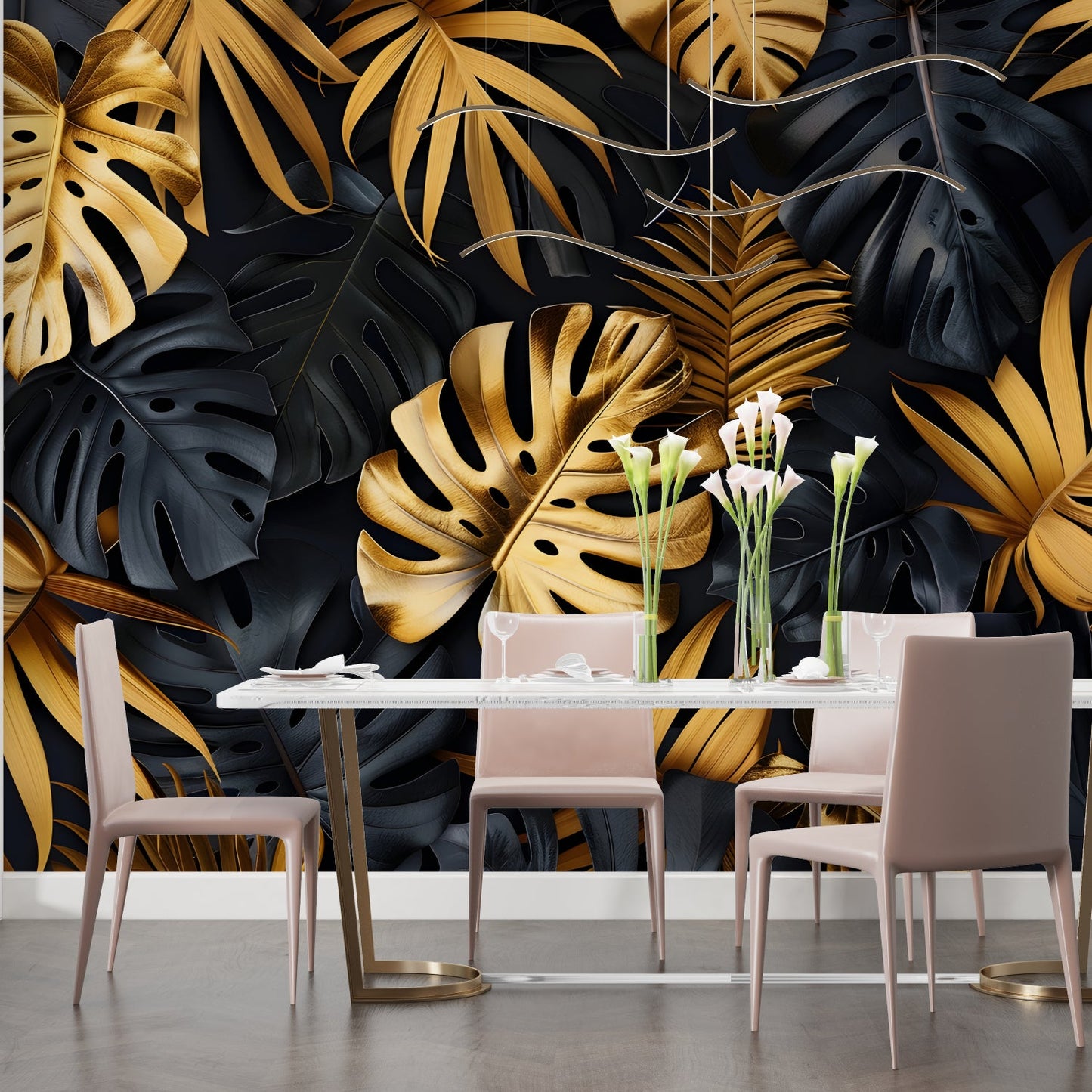 Papier Peint Tropical Feuilles de Monstera Noir et Or Premium