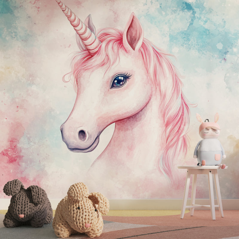 Papier Peint Licorne Portrait Aquarelle Rose et Bleu Magique Premium
