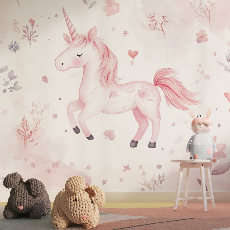 Papier Peint Licorne Aquarelle Rose avec Fleurs et Nuages Premium