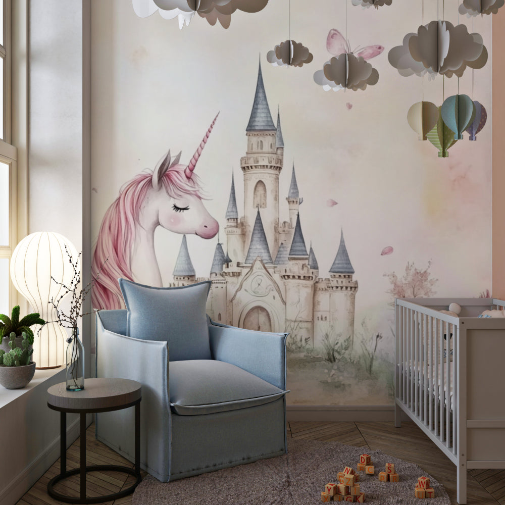 Papier Peint Licorne Château Féerique et Papillons Rose Pastel Premium