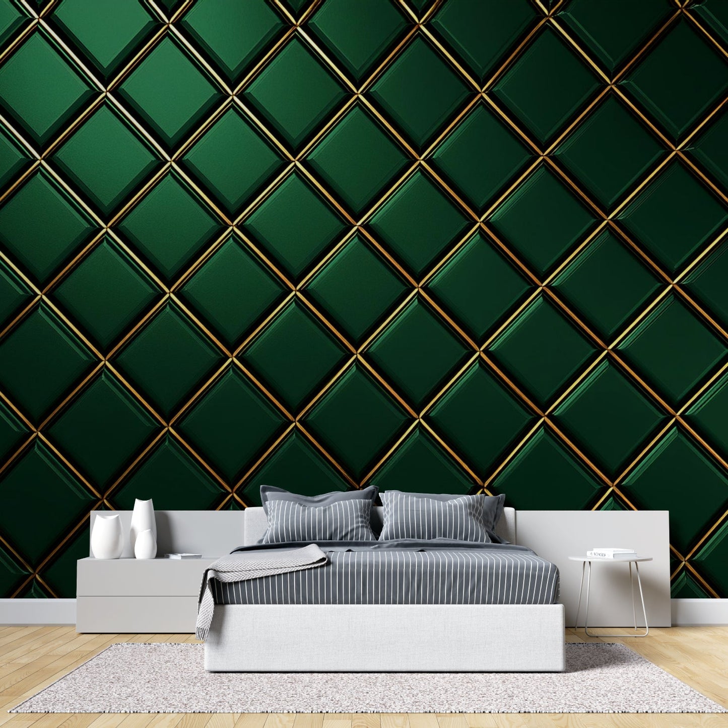 Papier Peint Géométrique Motif Diamant Vert et Doré Art Déco Premium