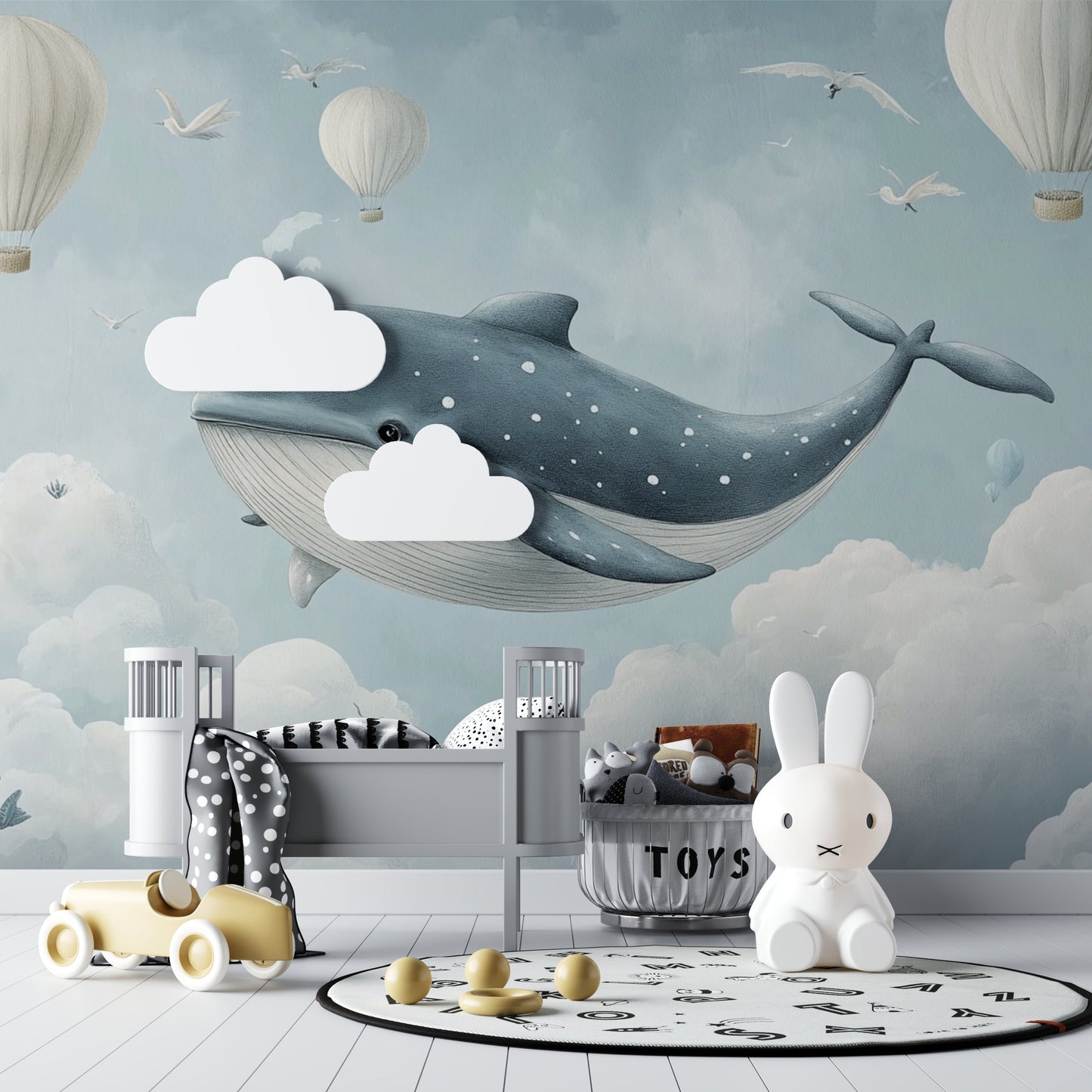 Papier Peint Baleine Scène Féérique avec Montgolfières et Nuages Premium