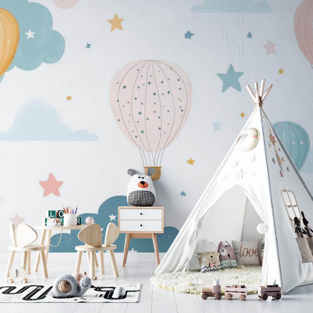 Papier Peint Montgolfière Ciel Pastel avec Étoiles et Nuages Premium