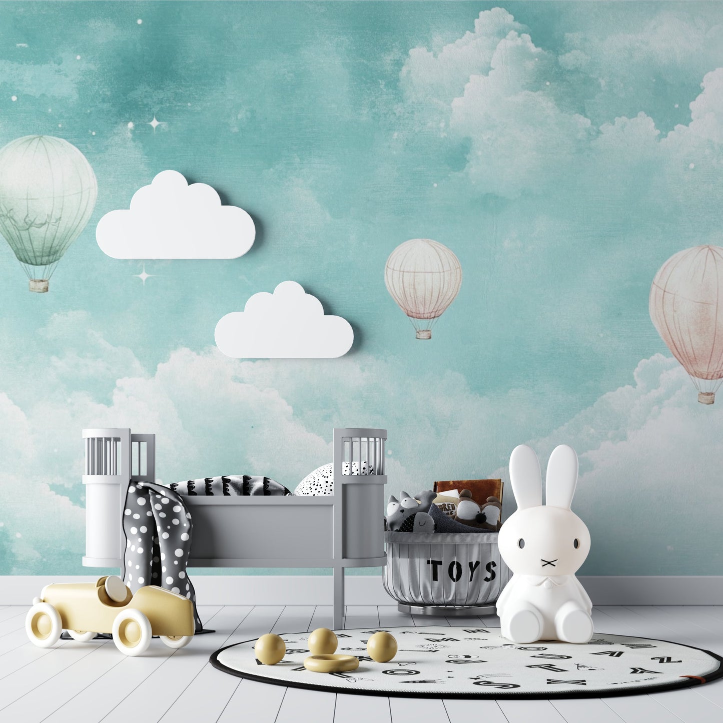 Papier Peint Montgolfière Ciel Turquoise et Nuages Féeriques Premium