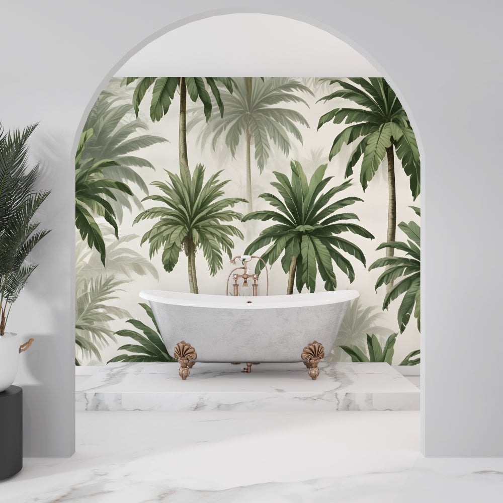 Papier Peint Palmier Fresque Tropicale Luxuriante sur Fond Ivoire Premium