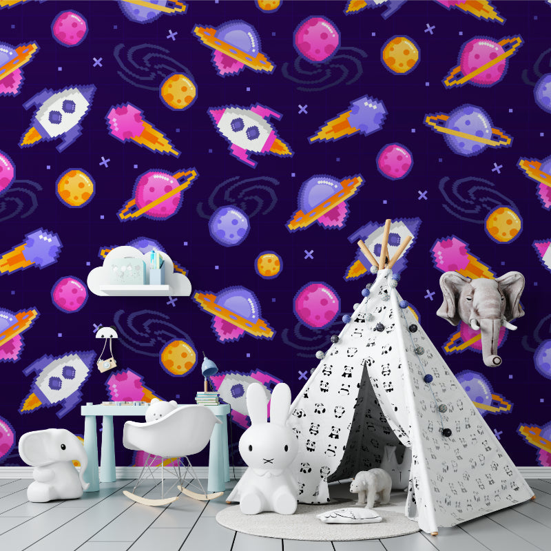 Papier Peint Espace Fusées et Planètes Style Pixel Art Premium