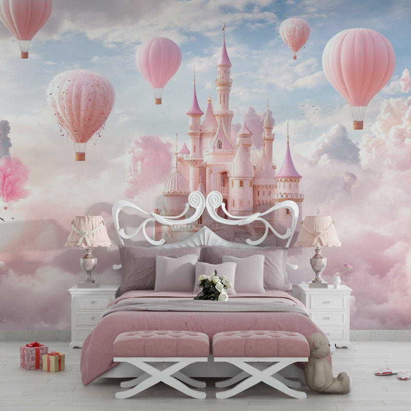 Papier Peint Château de Princesse Montgolfières Roses dans les Nuages Premium