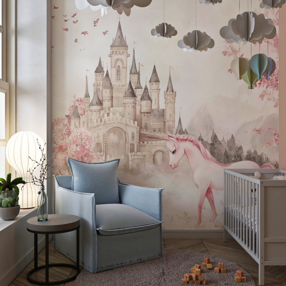 Papier Peint Château Licorne Fresque Aquarelle Rose Princesse Premium