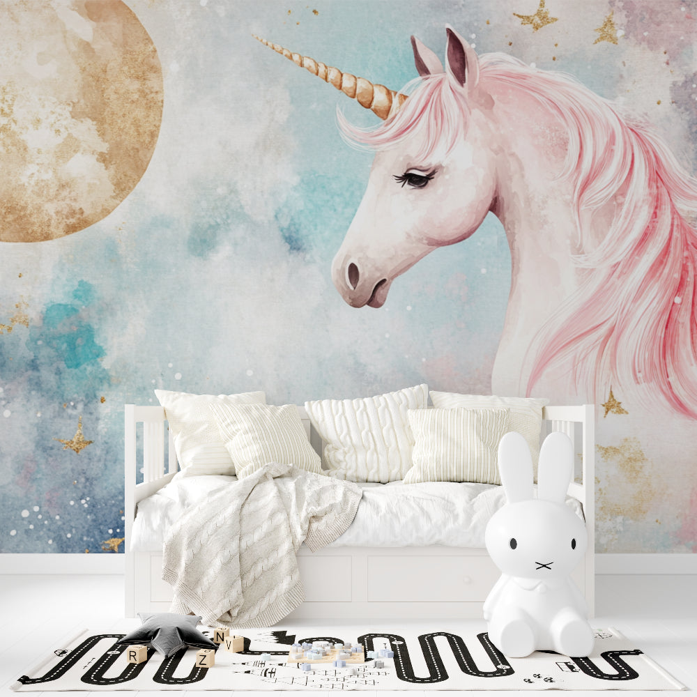 Papier Peint Licorne Aquarelle Rose et Lune Dorée Premium
