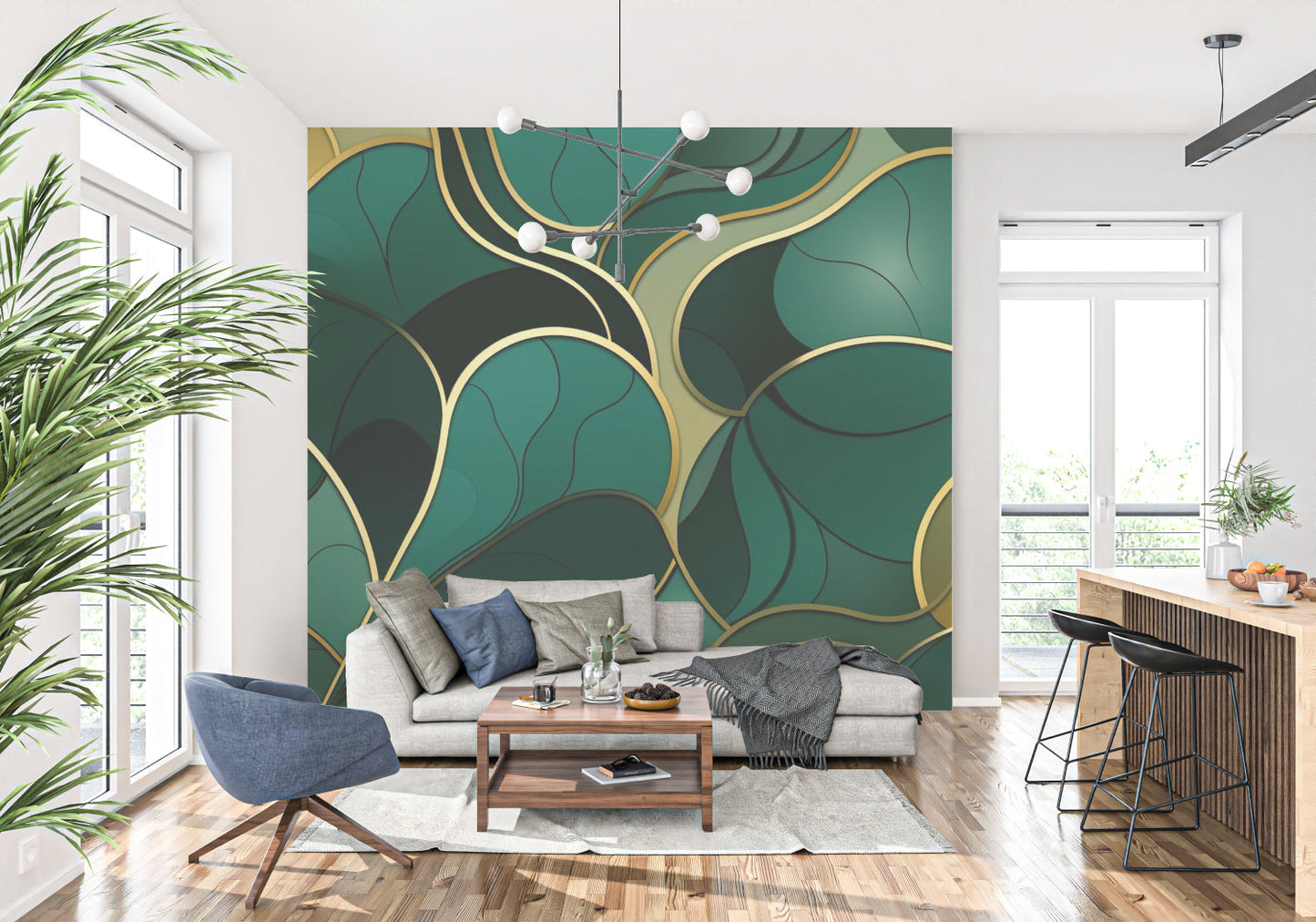 Papier Peint Art Déco Feuillage Émeraude et Lignes Dorées Premium
