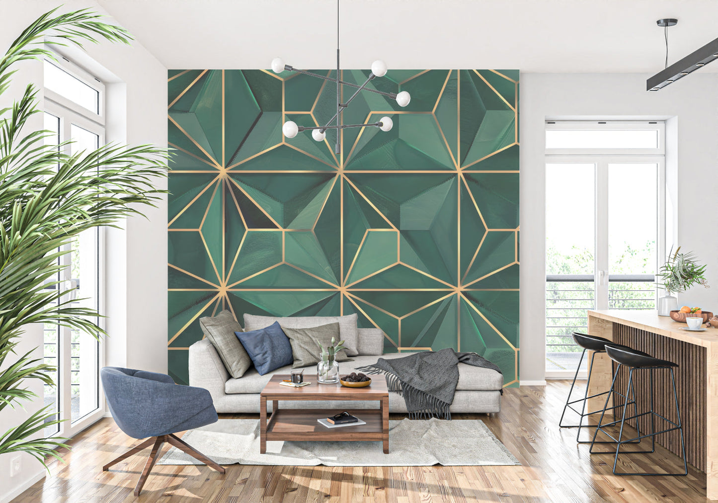 Papier Peint Art Déco Motif Géométrique Vert Émeraude et Or Premium