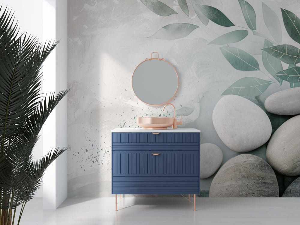 Papier Peint Zen Feuilles de Sauge et Galets Naturels Premium
