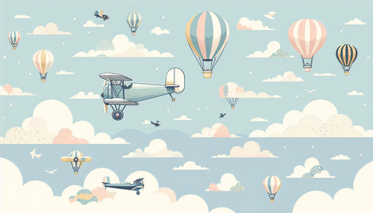 Papier Peint Aviation Montgolfières et Avions Vintage dans un Ciel Pastel