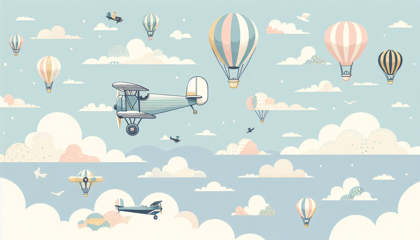 Papier Peint Aviation Montgolfières et Avions Vintage dans un Ciel Pastel