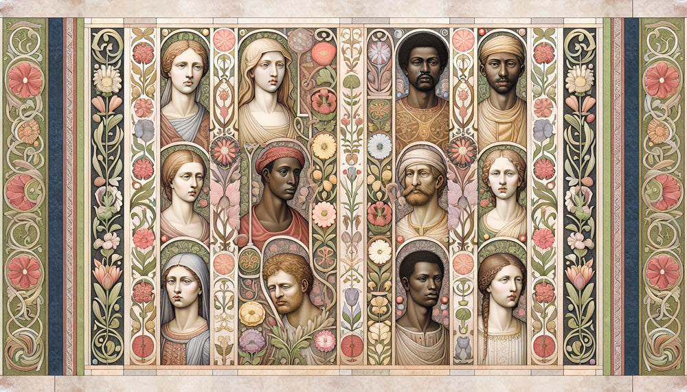 Papier Peint Art Déco Galerie de Portraits avec Motifs Floraux Vintage