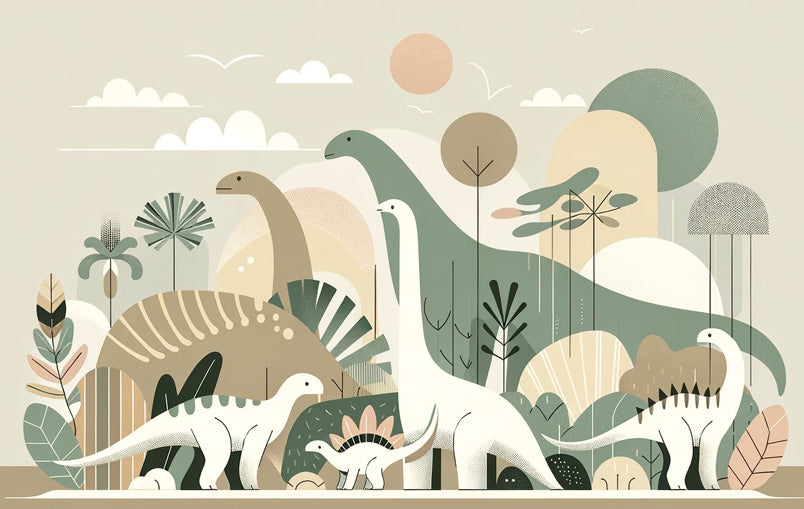 Papier Peint Dinosaure Forêt Nordique en Tons Beige et Vert Sauge