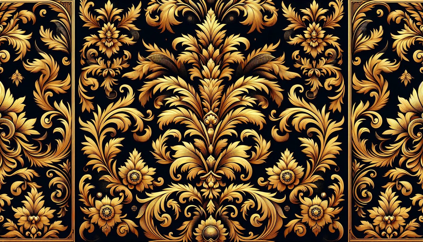Papier Peint Art Déco Motif Damassé Noir et Or Royal