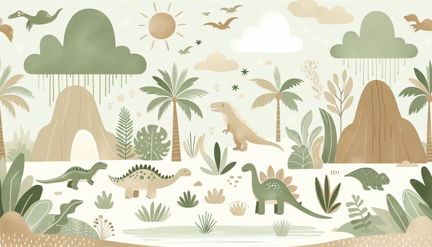 Papier Peint Dinosaure Paysage Préhistorique Vert Sauge et Beige